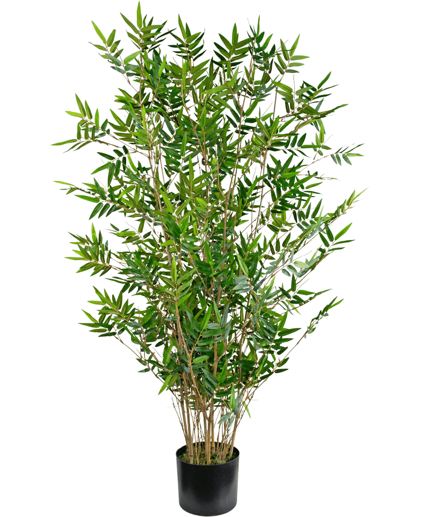 Die Kunstpflanze Bamboo Deluxe 120 cm ist ein hoher künstlicher Bambus mit mehreren schlanken Stielen und dünnen grünen Blättern, präsentiert in einem schlichten schwarzen Topf vor einem schlichten weißen Hintergrund.
