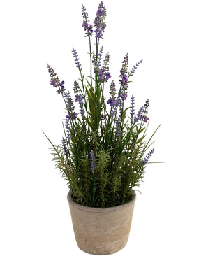 Der künstliche Lavendel 51 cm im Dekotopf hat lange grüne Stiele und kleine lila Blüten in einem hellen Topf vor einem weißen Hintergrund.