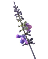Der künstliche Lavendel 51 cm im dekorativen Topf hat einen einzelnen hohen Stiel mit kleinen, runden violetten und grünen Knospen und Blüten, die vertikal vor einem weißen Hintergrund angeordnet sind.