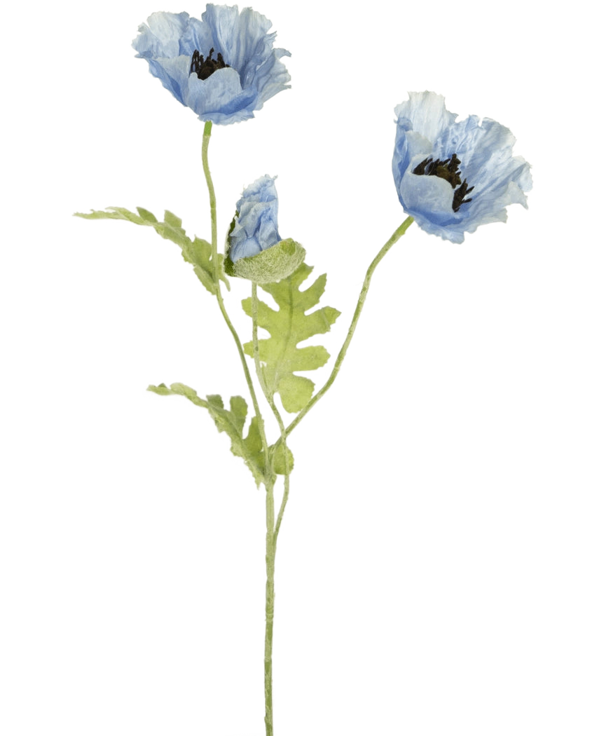 Aquarell-Illustration einer künstlichen Mohnblume, 73 cm, blau, mit zwei blühenden blauen Mohnblumen und einer Knospe mit grünen Stielen und Blättern auf weißem Hintergrund.