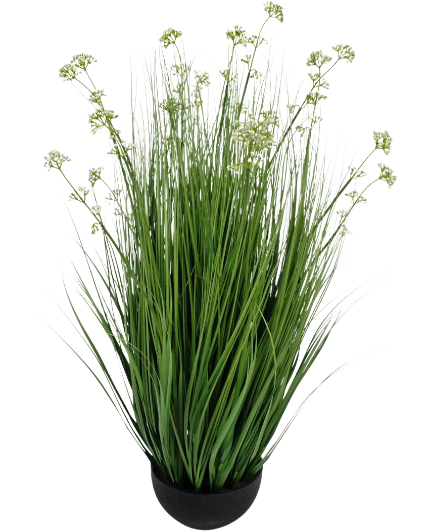 Der feuerhemmende Kunstrasen-Lauchblumen-Zwiebelgrastopf 100 cm ist eine Kunstrasenpflanze in einem Topf mit langen, schlanken Halmen und kleinen weißen Blütenbüscheln in einem schwarzen runden Topf, dargestellt vor einem schlichten weißen Hintergrund.
