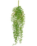 Die künstliche Hängepflanze Pumila 89 cm hat kleine, ovale grüne Blätter an mehreren hängenden Stielen, vor einem schlichten weißen Hintergrund.