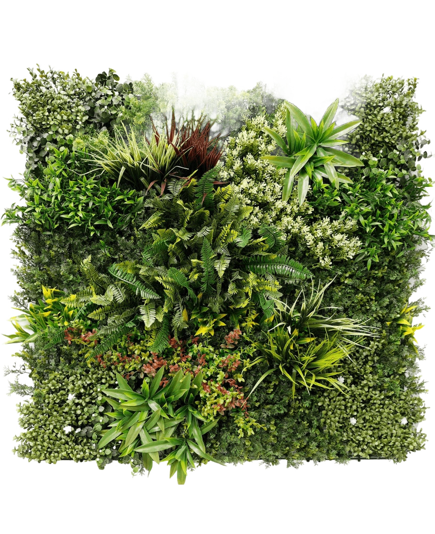 Die künstliche Hecke Prestiage 100x100 cm UV ist eine dichte vertikale Gartenplatte mit verschiedenen Grünpflanzen und Blattwerk in quadratischer Anordnung, mit unterschiedlichen Blattformen, -größen und Grüntönen.