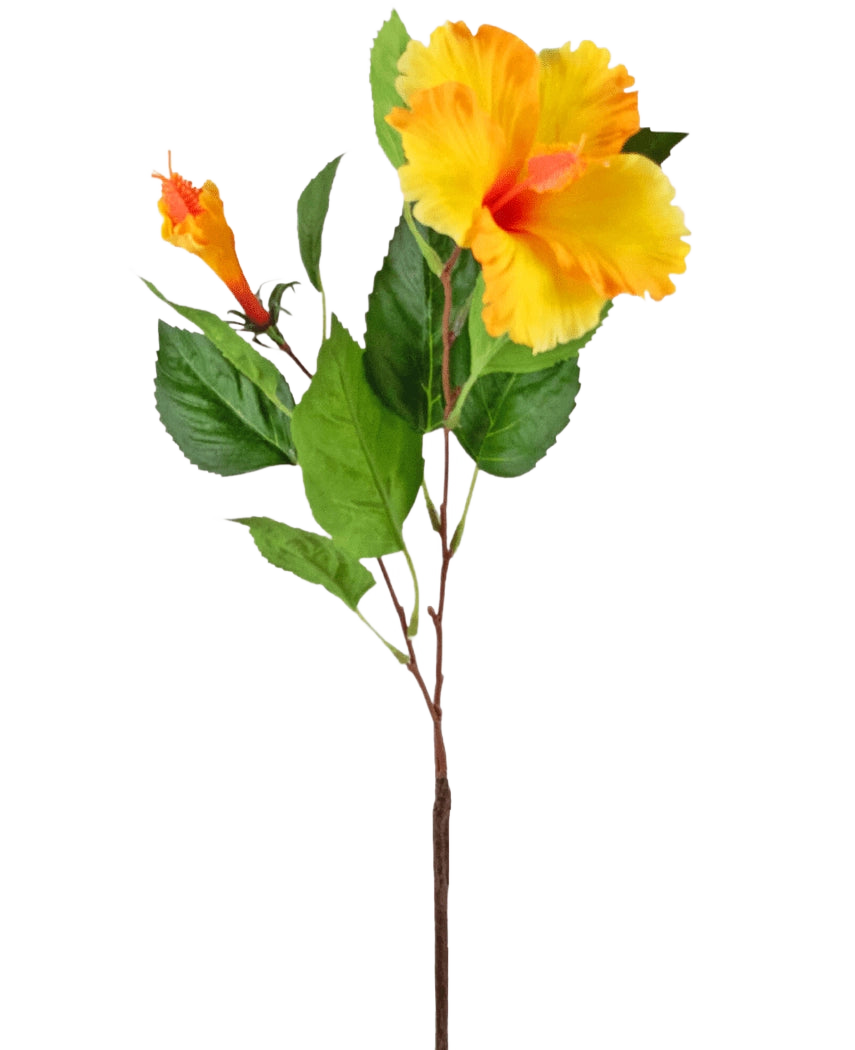 Die Kunstblume Hibiskus 64 cm gelb hat einen einzelnen Stiel mit leuchtend gelben Hibiskusblüten und grünen Blättern, dargestellt vor einem weißen Hintergrund.