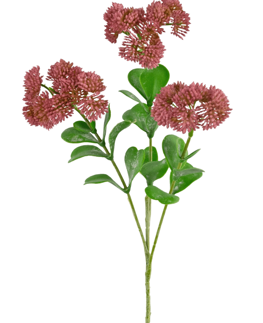 Ein künstlicher Zweig Sedum 56 cm rosa mit grünen Blättern und Büscheln kleiner, runder, zarter rosaroter Blüten vor einem weißen Hintergrund.