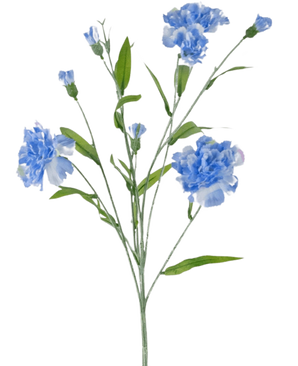 Der künstliche Nelkenstrauß 70 cm blau hat einen zarten Stiel mit mehreren hellblauen Nelkenblüten und grünen Blättern vor einem schlichten weißen Hintergrund.