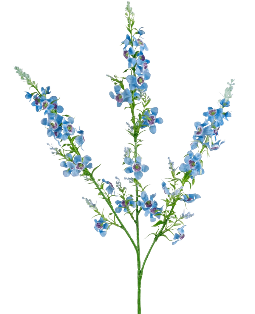 Die künstliche Blumen-Katzenminze, 75 cm, blau, hat einen einzelnen grünen Stiel, der sich in drei Zweige verzweigt, von denen jeder Büschel kleiner, leuchtend blauer Blüten mit violetter Mitte und grünen Blättern vor einem schlichten weißen Hintergrund trägt.