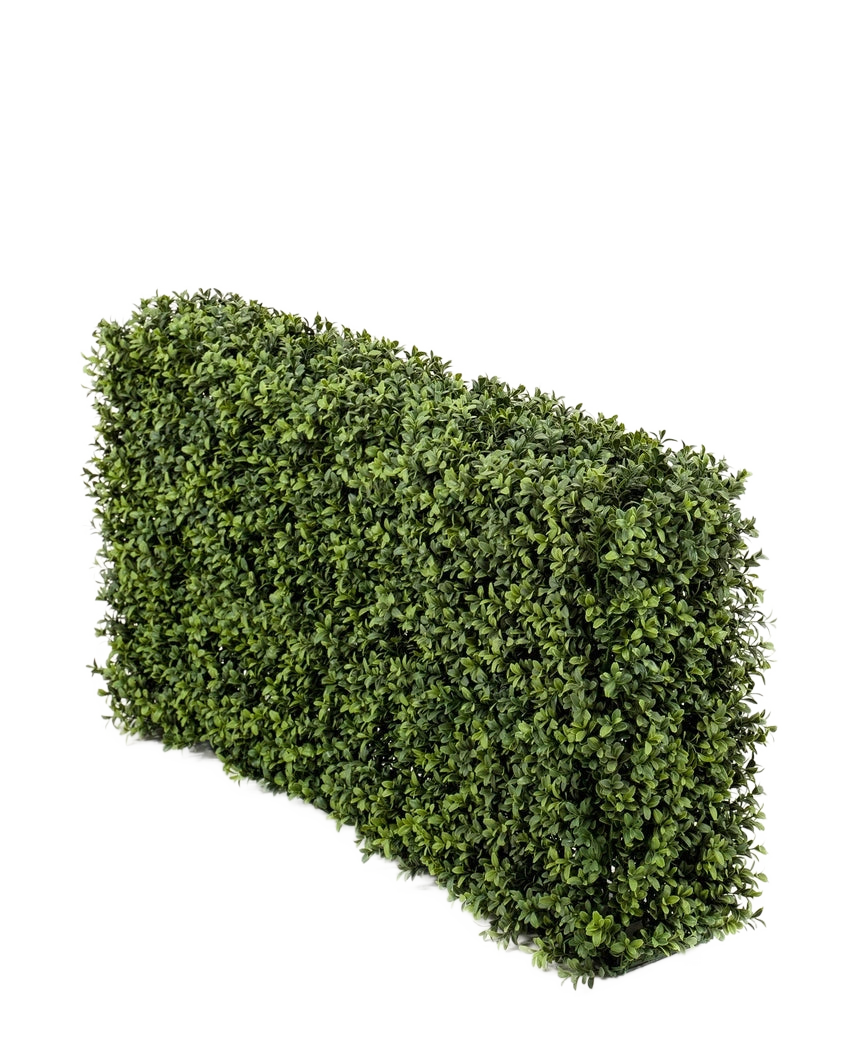 Die künstliche Buchsbaumhecke UV 100x20x50 cm hat eine dichte, grüne rechteckige Hecke vor einem schlichten weißen Hintergrund.