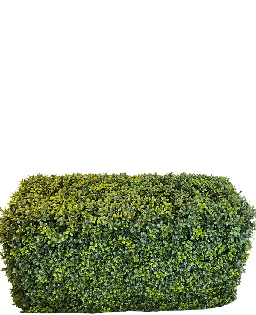 Die künstliche Buchsbaumhecke im römischen Stil (90 x 35 x 50 cm) ist eine dichte, rechteckige grüne Hecke mit kleinen Blättern, isoliert auf weißem Hintergrund.