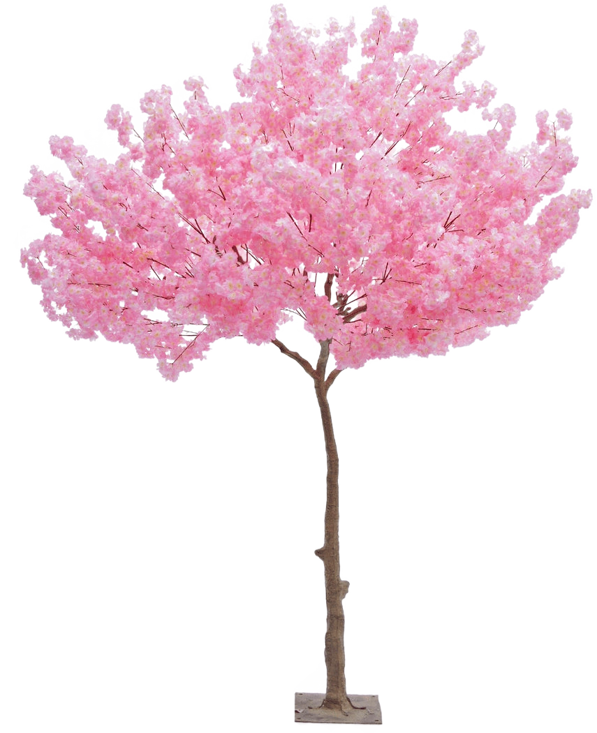 Der künstliche Baum Kirschblütenrosa 270 cm ist ein hoher künstlicher Weihnachtsbaum mit einem schlanken braunen Stamm und dichten Büscheln leuchtend rosa Blüten vor einem schlichten weißen Hintergrund.