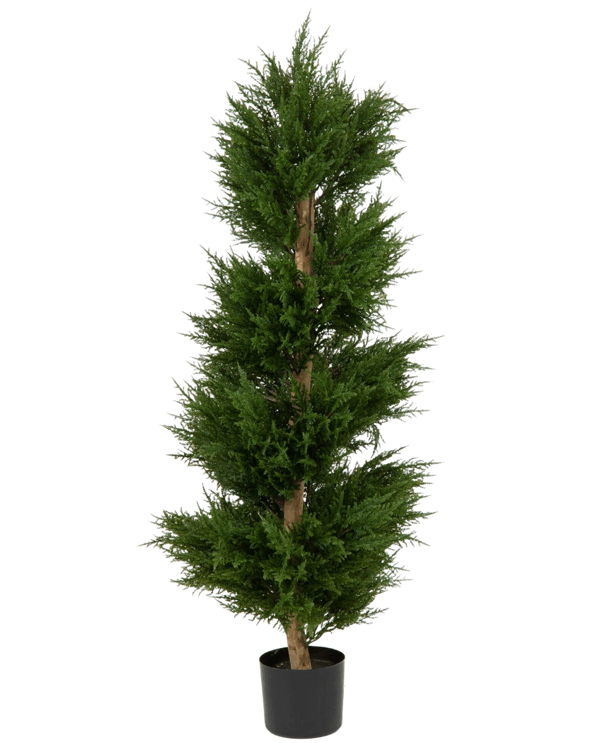 Eine künstliche Nadelbaumspirale UV 120 cm, ein hoher, spiralförmiger künstlicher Nadelbaum mit dichten, dunkelgrünen Blättern und einem geraden Stamm, dargestellt vor einem schlichten weißen Hintergrund.