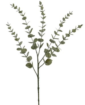 Die künstliche Blume Eukalyptus Yugali 71 cm ist ein einzelner künstlicher Stiel mit fünf verzweigten Zweigen und kleinen, runden grünen Blättern, isoliert auf weißem Hintergrund dargestellt.