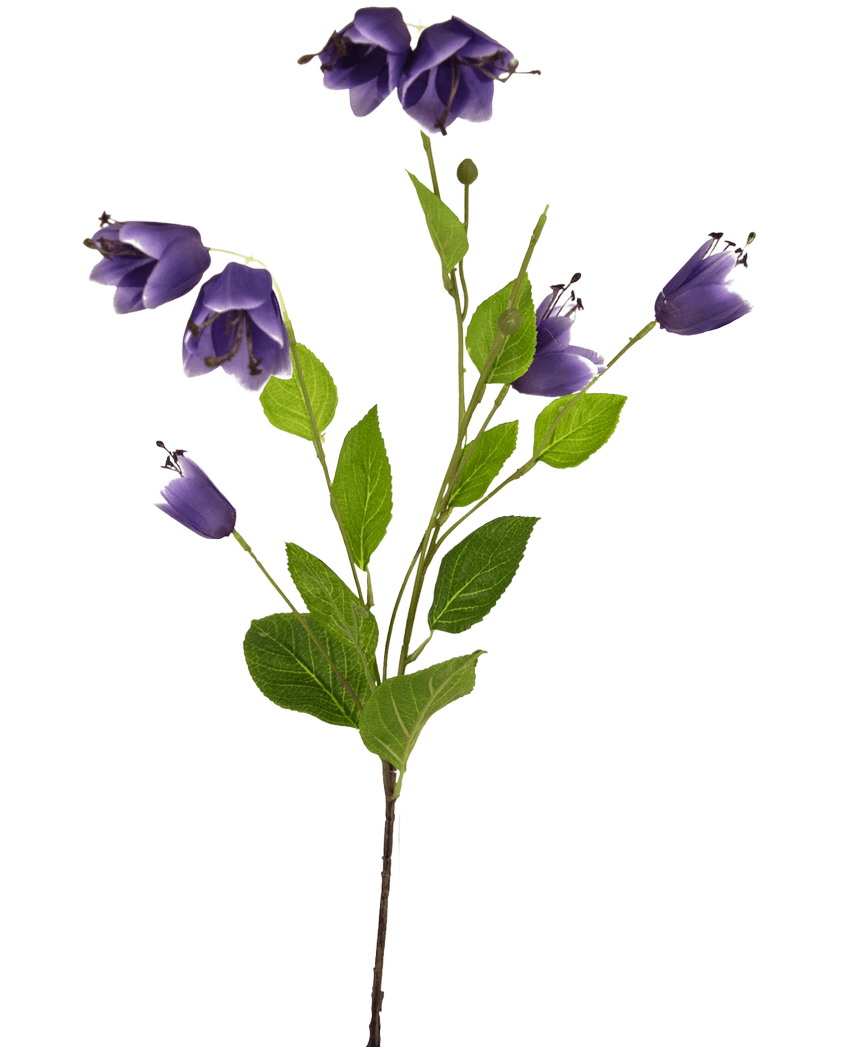 Der künstliche Blumen-Scheckenfalter 81 cm lila hat einen einzelnen Stiel mit mehreren grünen Blättern und lila glockenförmigen Blüten, dargestellt vor einem weißen Hintergrund.