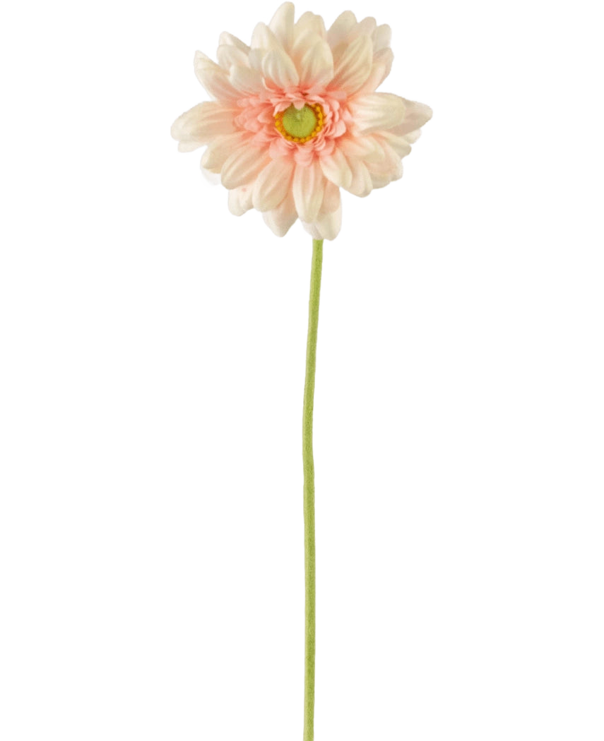 Die künstliche Blume Gerbera mini 47 cm zartrosa ist ein künstliches hellrosa Gänseblümchen mit weichen, geschichteten Blütenblättern und einem gelben Herzen auf einem langen grünen Stiel vor einem schlichten weißen Hintergrund.