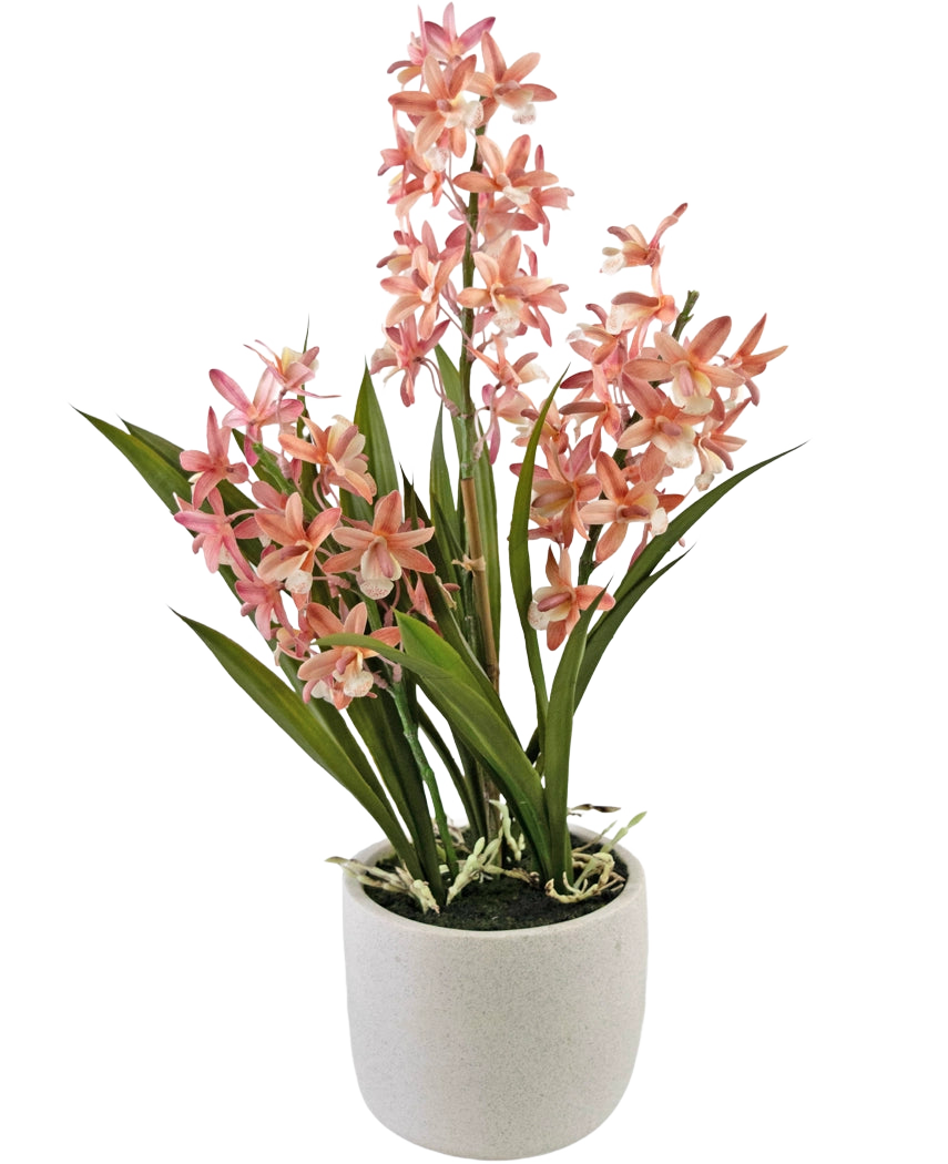 Die künstliche Cymbidium-Pflanze in Rosa (58 cm) hat hohe grüne Blätter und Büschel aus rosa und weißen Orchideenblüten, die in einem einfachen weißen Keramiktopf angeordnet sind und sich perfekt zur Verschönerung jedes Raums eignen.