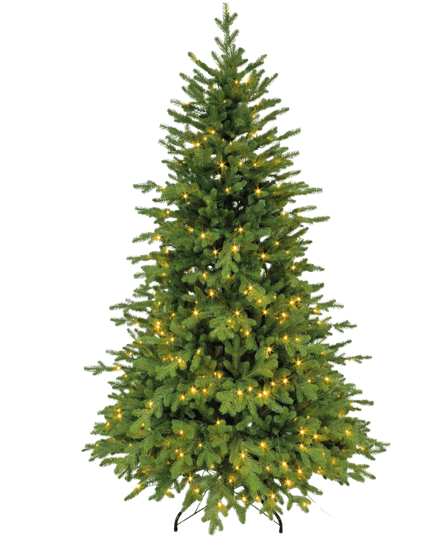 De kunstkerstboom "Vinje" 100% PE - Smart LED is een groene kunstkerstboom met PE-naaldjes en kleine warmwitte lichtjes op een zwarte metalen standaard, die een real-touch look biedt tegen een effen witte achtergrond.