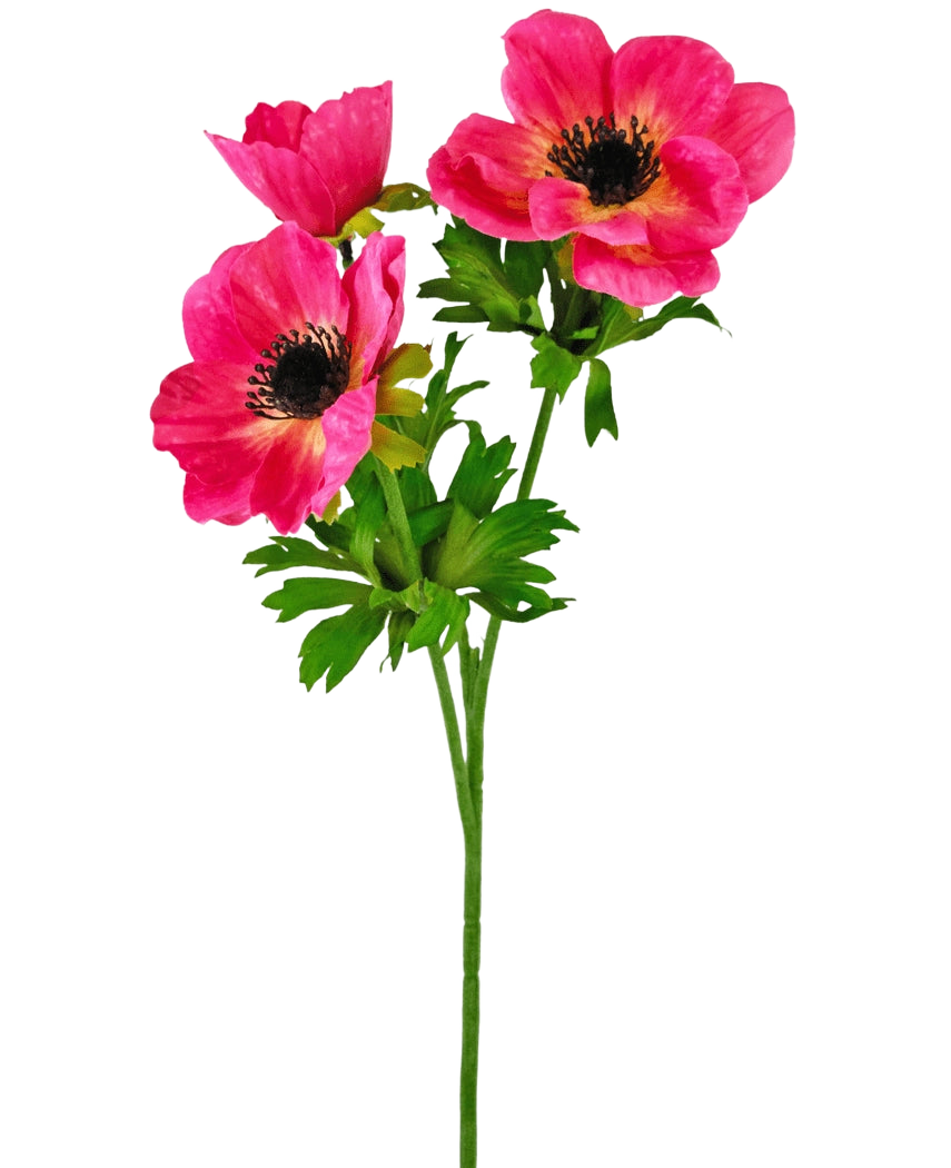 Die künstliche Blumenanemone verzweigt 56 cm rosa hat einen einzelnen grünen Stiel mit drei leuchtend rosa Anemonenblüten mit dunklem Herzen und zarten, aufgerauten Blütenblättern sowie grünen Blättern vor einem schlichten weißen Hintergrund.