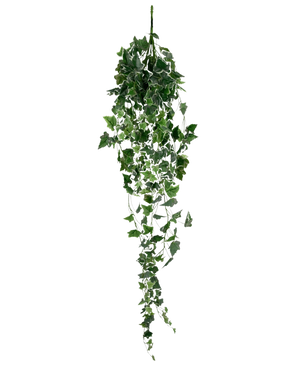 Der künstliche Efeu 130 cm grün/weiß ist eine hängende künstliche Efeupflanze mit langen, nachhängenden grünen Blättern und weißen Rändern, dargestellt vor einem schlichten weißen Hintergrund.