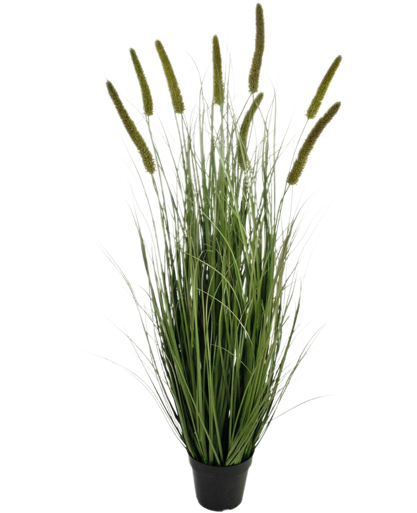 Der feuerhemmende 120-cm-Kunstrasen-Rohrkolben-Grastopf ist ein Ziergras in einem Topf mit langen, dünnen grünen Halmen und mehreren hohen, aufrechten Samenköpfen vor einem schlichten weißen Hintergrund.