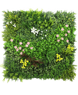Die künstliche Hecke Vitality 100x100 cm UV ist eine quadratische Platte mit dichtem grünem Kunstlaub und verstreuten Büscheln kleiner rosa, gelber und weißer Blüten vor einem weißen Hintergrund.