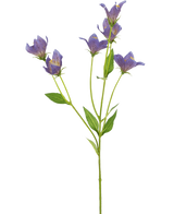 Die künstliche Blumen-Glockenblume 62 cm lila hat einen einzelnen grünen Stiel mit mehreren Zweigen, die jeweils mit zarten lila Blüten und grünen Blättern verziert sind, vor einem schlichten weißen Hintergrund.