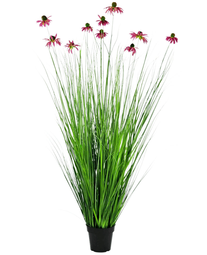 Die feuerhemmende Kunstrasenpflanze Chrysantheme 150 cm hat lange, dünne grüne, grasähnliche Blätter und lange Stängel mit rosa, gänseblümchenähnlichen Blüten, präsentiert in einem Topf vor einem schlichten weißen Hintergrund.