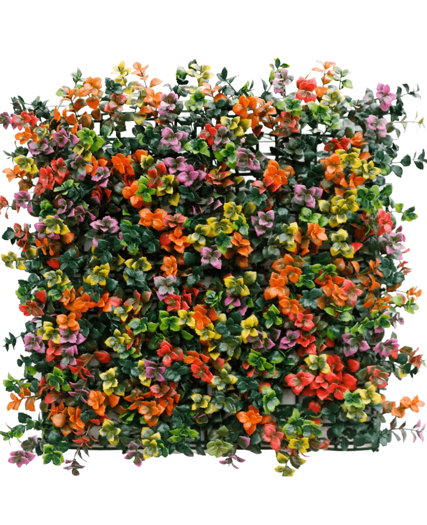 Die künstliche Hecke Pachysandra mehrfarbig 50 x 50 cm UV ist eine quadratische Platte mit dichten künstlichen grünen Blättern und kleinen orangefarbenen, rosa, gelben und violetten Blüten für einen farbenfrohen, lebendigen vertikalen Garteneffekt.