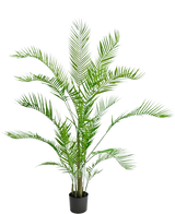 Die Kunstpflanze Chamaedorea 150 cm ist eine hohe Palme in einem Topf mit langen, gewölbten grünen Blättern und schlanken Stielen vor einem schlichten weißen Hintergrund.