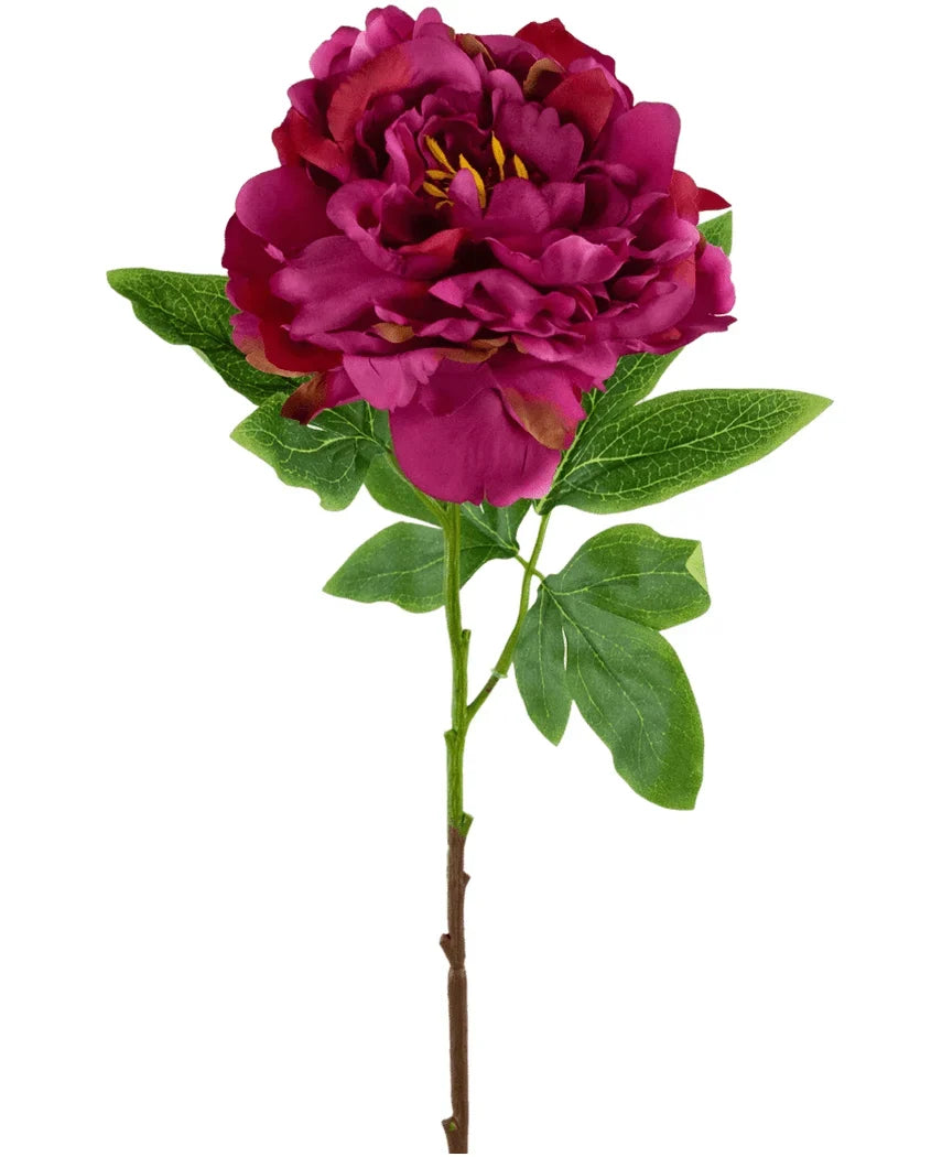 Die Kunstblume Pfingstrose 61 cm rosa ist eine einzelne Kunstblume in Form einer Pfingstrose in Dunkelrosa mit geschichteten Blütenblättern und grünen Blättern auf einem braunen Stiel, dargestellt vor einem weißen Hintergrund.