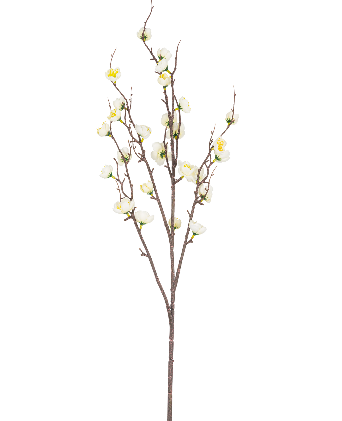 Die künstliche japanische Kirschblüte 94 cm weiß hat einen einzelnen braunen Zweig mit mehreren dünnen Trieben und kleinen weißen künstlichen Kirschblüten vor einem schlichten weißen Hintergrund.