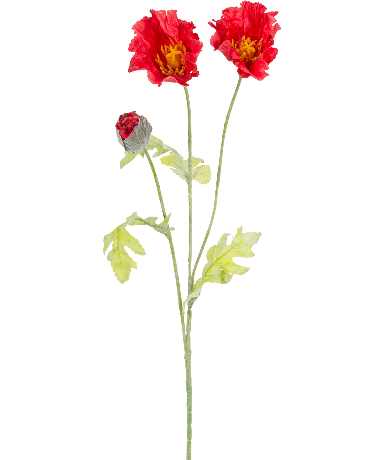 Die künstliche Mohnblume 73 cm rot hat einen einzelnen grünen Stiel mit zwei offenen roten Mohnblüten, einer teilweise geschlossenen roten Knospe und hellgrünen Blättern, alles vor einem schlichten weißen Hintergrund.