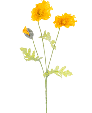 Die künstliche Mohnblume 73 cm gelb hat einen Stiel mit drei leuchtend gelben künstlichen Mohnblumen, einer geschlossenen Knospe und hellgrünen Blättern, dargestellt vor einem schlichten weißen Hintergrund.