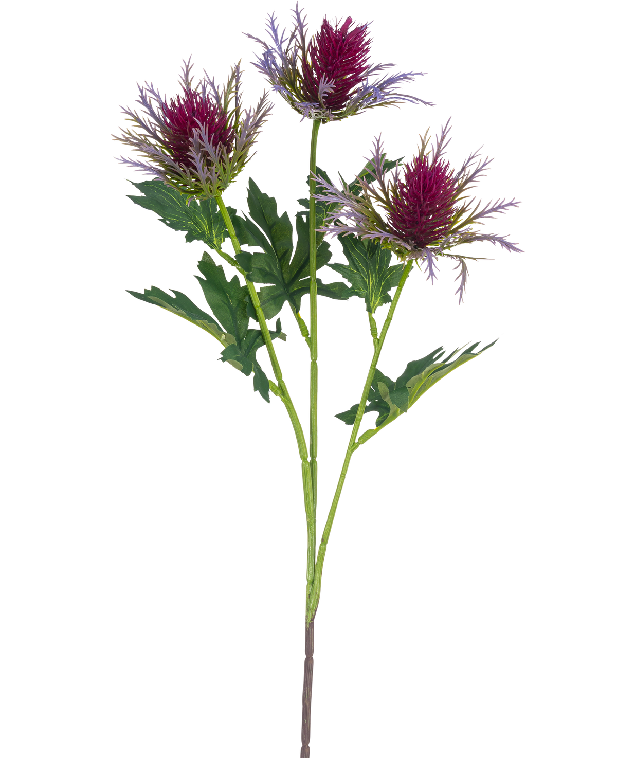 Die künstliche Astdistel 67 cm lila hat einen einzelnen Stiel mit drei stacheligen, lila distelähnlichen Blüten und unregelmäßigen grünen Blättern vor einem weißen Hintergrund.