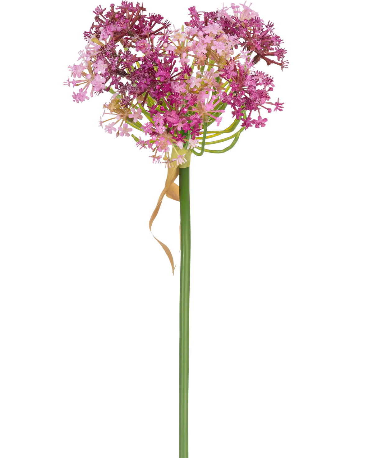 Die Kunstblume Allium 60 cm lila hat einen hohen grünen Stiel mit einer herzförmigen Gruppe kleiner rosa und violetter Blüten, die durch ein dünnes, getrocknetes hellbraunes Blatt, das locker um den Stiel sitzt, vor einem weißen Hintergrund akzentuiert wird.