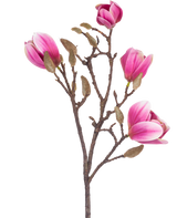 Die Kunstblume Magnolie 50 cm rosa ist ein brauner künstlicher Magnolienzweig mit verschiedenen rosa und weißen Blüten und flauschigen Knospen, dargestellt vor einem weißen Hintergrund.