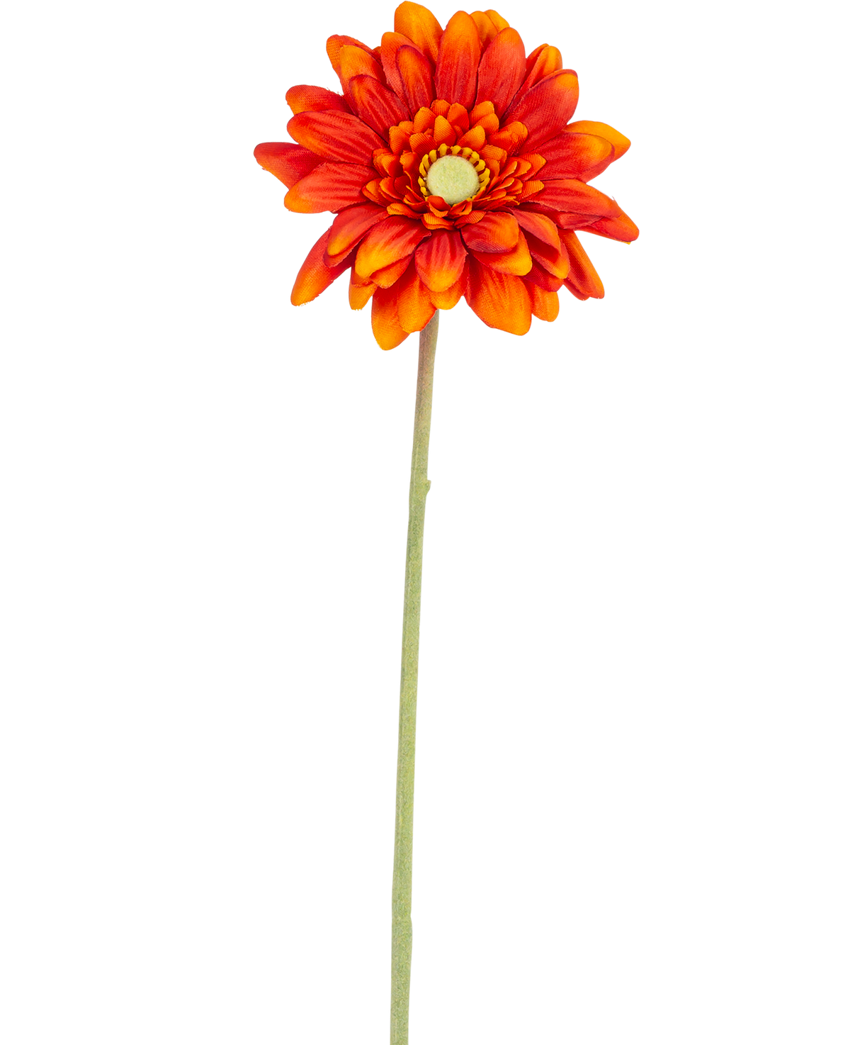 Die künstliche Blume Gerbera mini 47 cm in sanftem Orange ist ein künstliches Gänseblümchen mit geschichteten Blütenblättern, einem gelben Herzen und einem langen grünen Stiel, isoliert auf einem weißen Hintergrund.