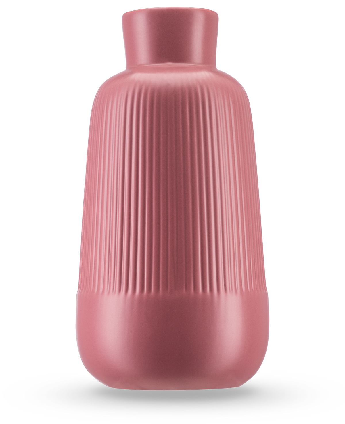 Die Vase Notes 25 cm altrosa hat eine matte Keramikoberfläche, einen breiten Körper, einen schmalen Hals und vertikale Rippen an der Oberseite. Der glatte, runde Sockel und das minimalistische Design machen ihn ideal für die Präsentation von Seidenblumen.