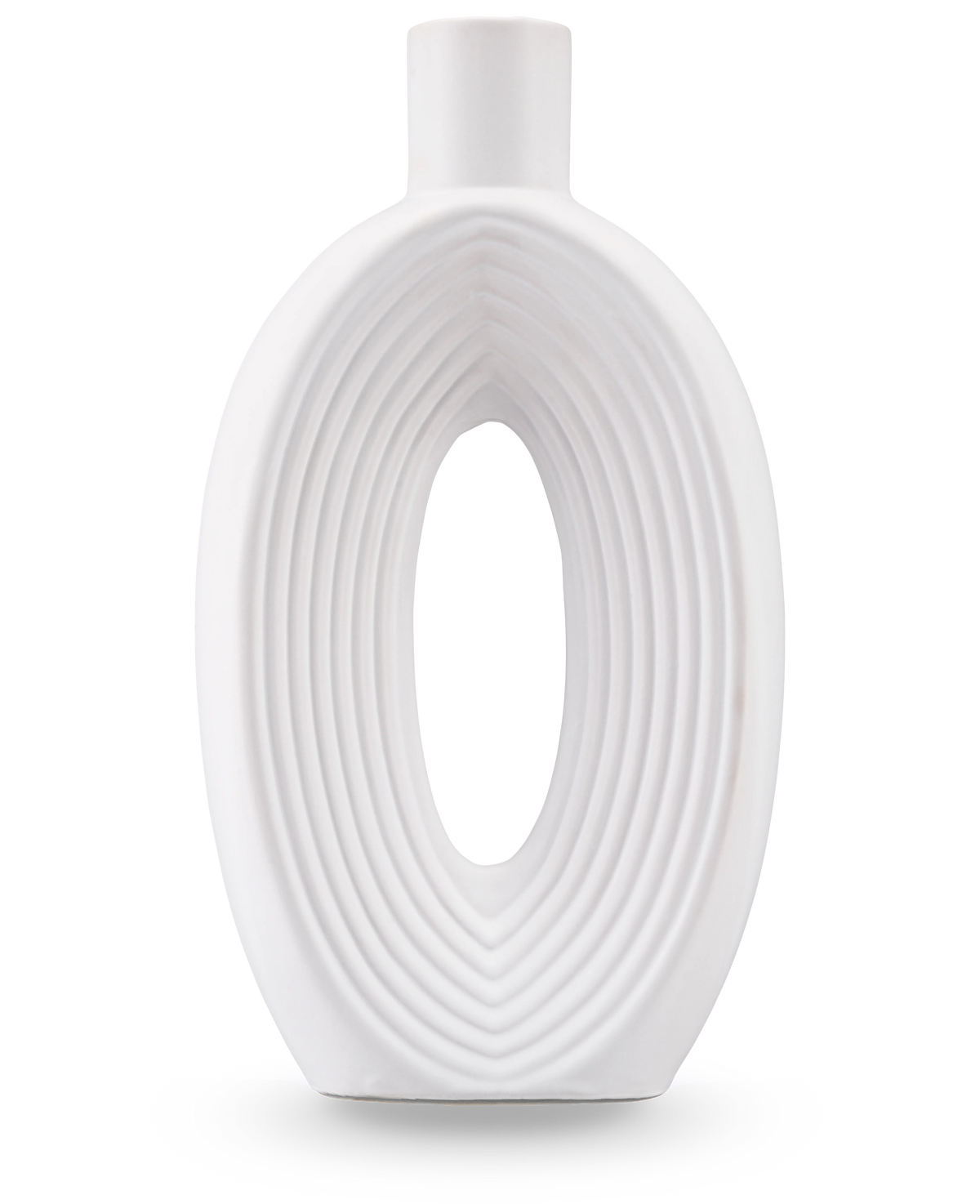Die Vase Soft Bloom 27 cm cremefarben ist eine moderne Keramikvase mit ovaler Form, konzentrischen Rippen, einer hohlen Mitte, glatter Oberfläche und einem kleinen zylindrischen Hals – ideal für die Präsentation künstlicher Seidenblumen.