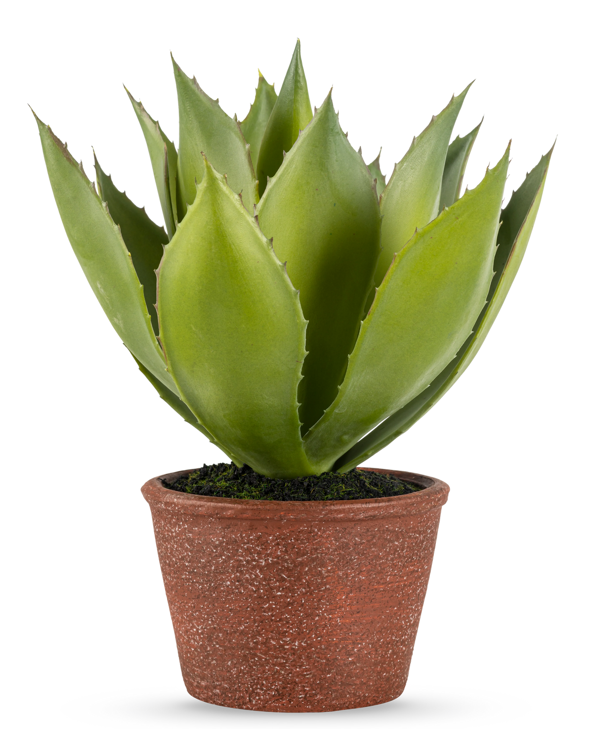 Die Kunstpflanze Agave 25 cm hat dicke, spitze grüne Blätter in einem rotbraunen Topf mit Struktur vor einem schlichten weißen Hintergrund.