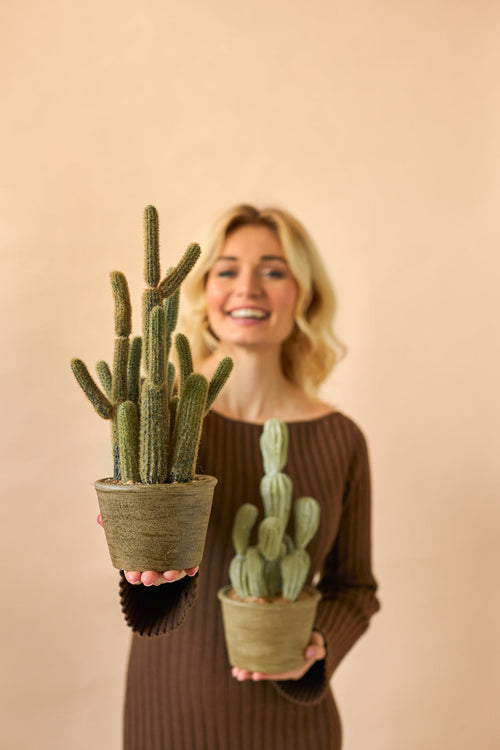 Eine lächelnde Frau in einem braunen Kleid hält zwei künstliche Kaktus-Cereus-Topfpflanzen (35 cm), eine große und eine kleine, vor einem schlichten beigen Hintergrund.