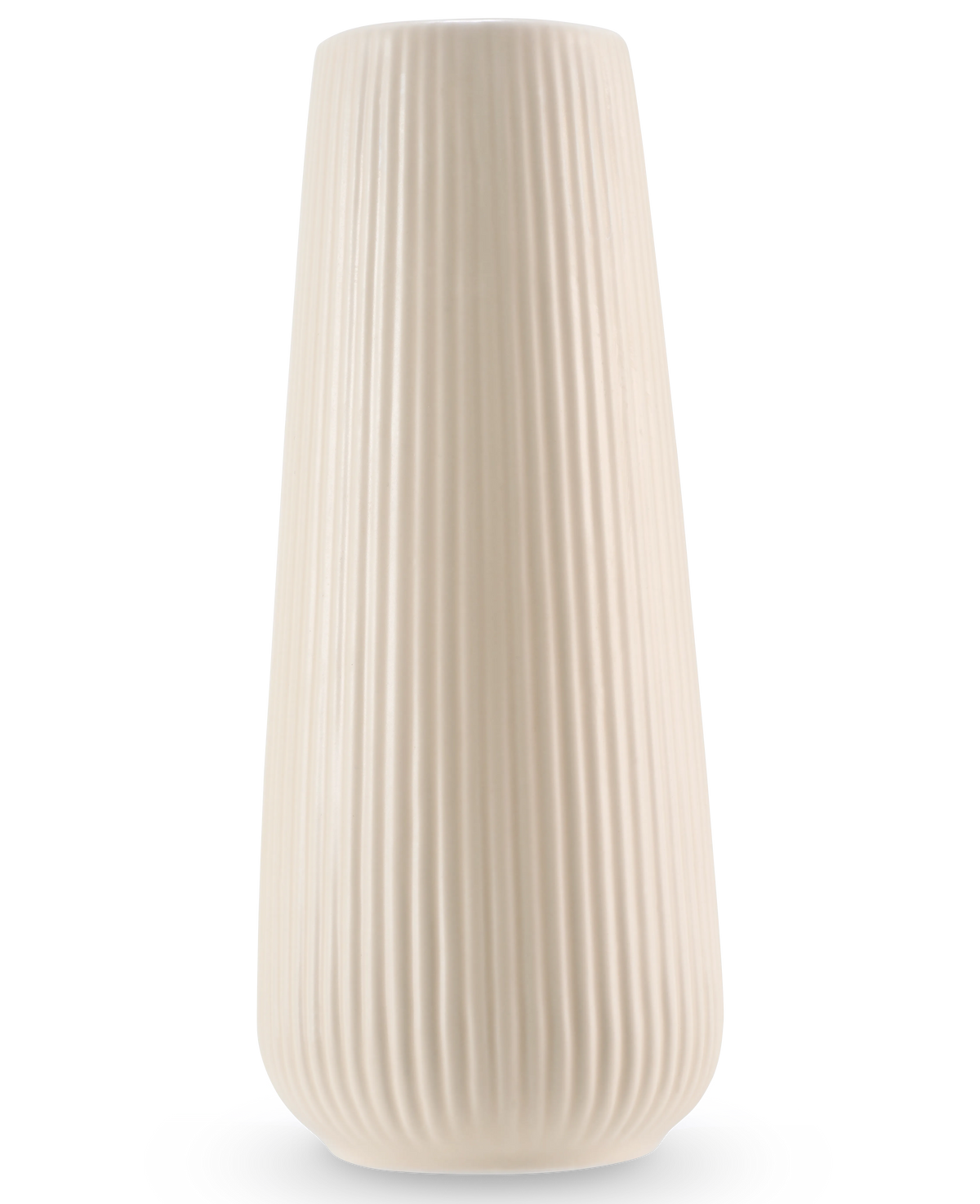 Die Vase Dust 20 cm beige ist eine hohe, cremefarbene Keramikvase mit einer glatten, matten Oberfläche und vertikalen Rippen. Durch das moderne, leicht konische Design eignet sie sich perfekt als Vase für Kunstblumen.