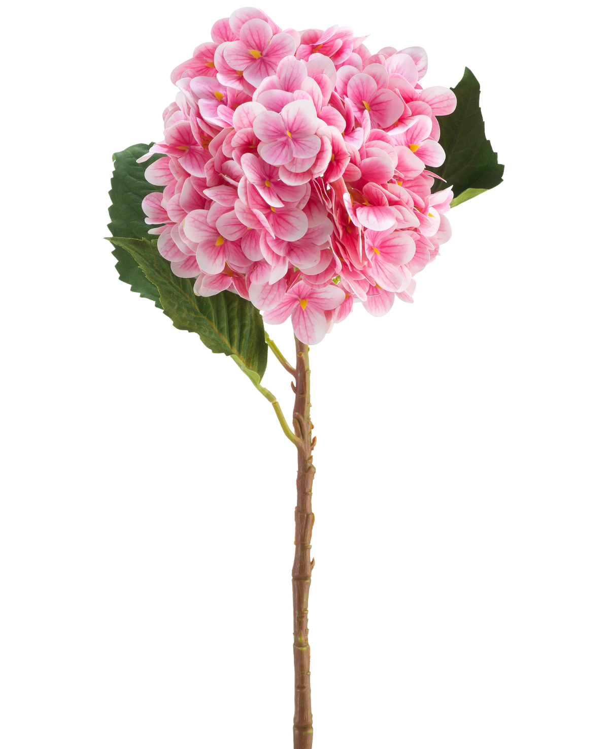Die künstliche Blume Hortensie Real Touch rosa 58 cm ist ein einzelner rosafarbener künstlicher Hortensienstiel mit grünen Blättern, mit einer runden Blüte aus vielen kleinen Blütenblättern, wunderschön detailliert und isoliert auf einem weißen Hintergrund.