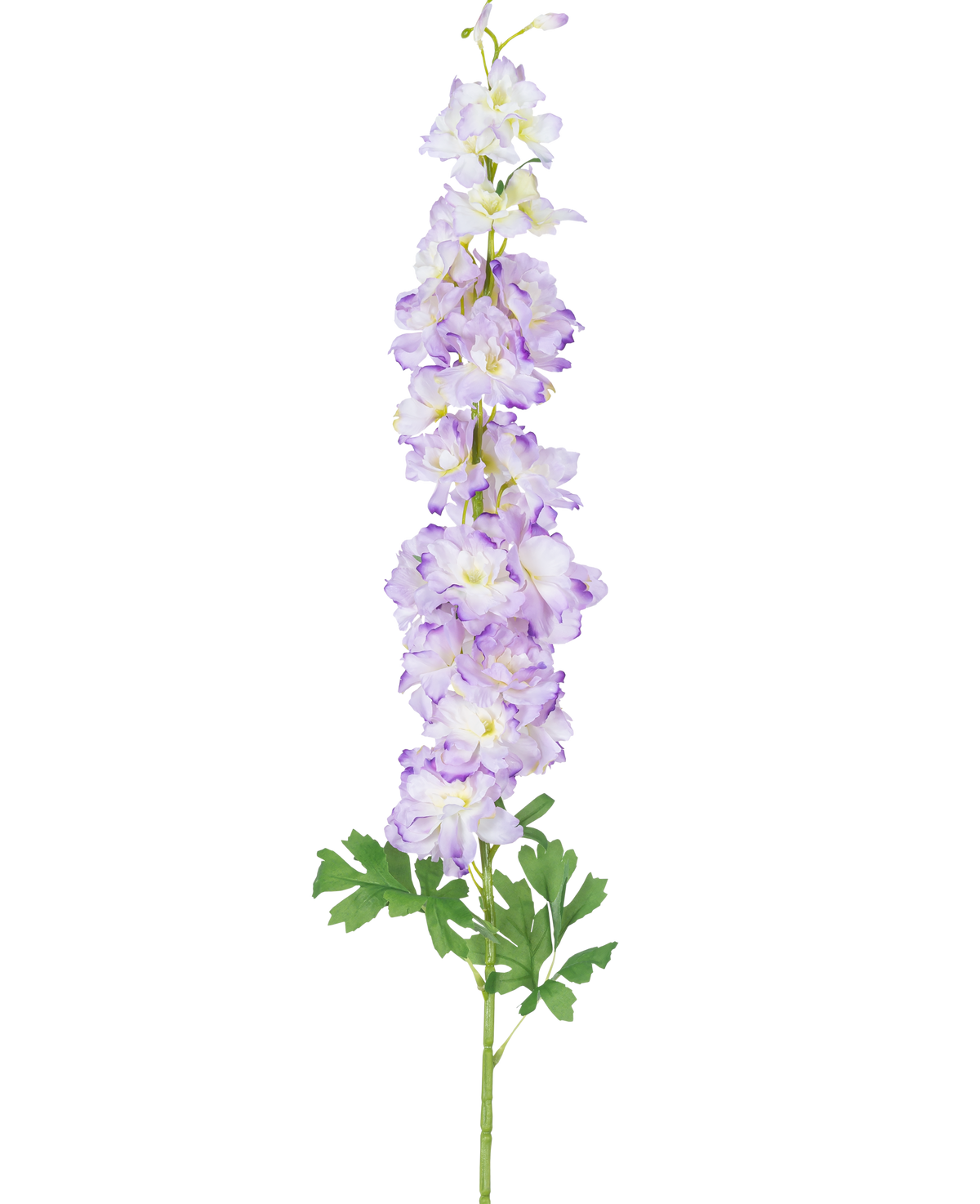 Die künstliche Blume Delphinium 105 cm lila hat einen einzelnen langen Stiel aus hellvioletten Kunstblumen mit grünen Blättern, dargestellt vor einem schlichten weißen Hintergrund.
