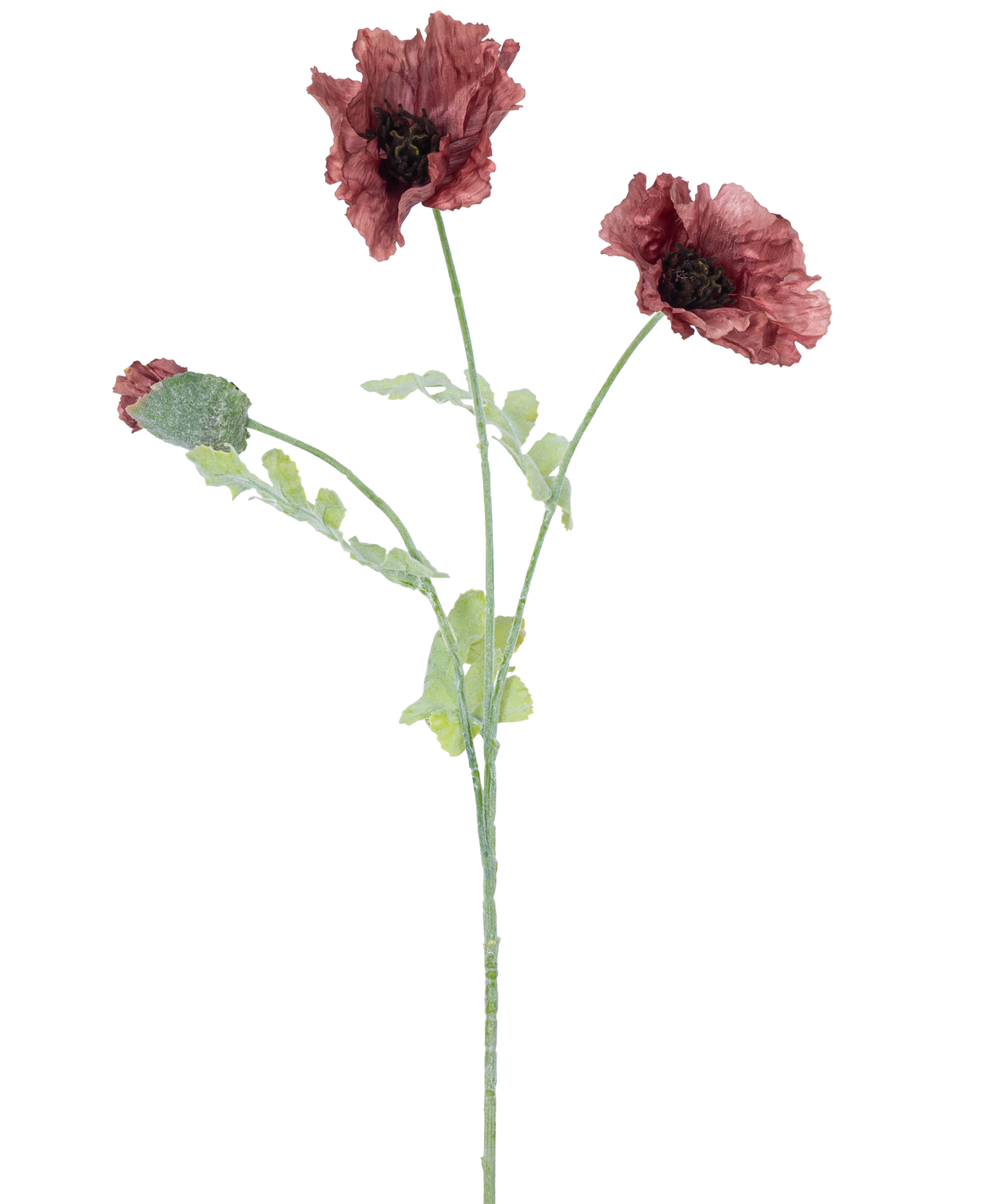 Aquarell-Illustration der künstlichen Mohnblume, 73 cm, lila, mit drei dunkelroten Blüten mit grünen Stielen und Blättern, vor einem schlichten weißen Hintergrund.