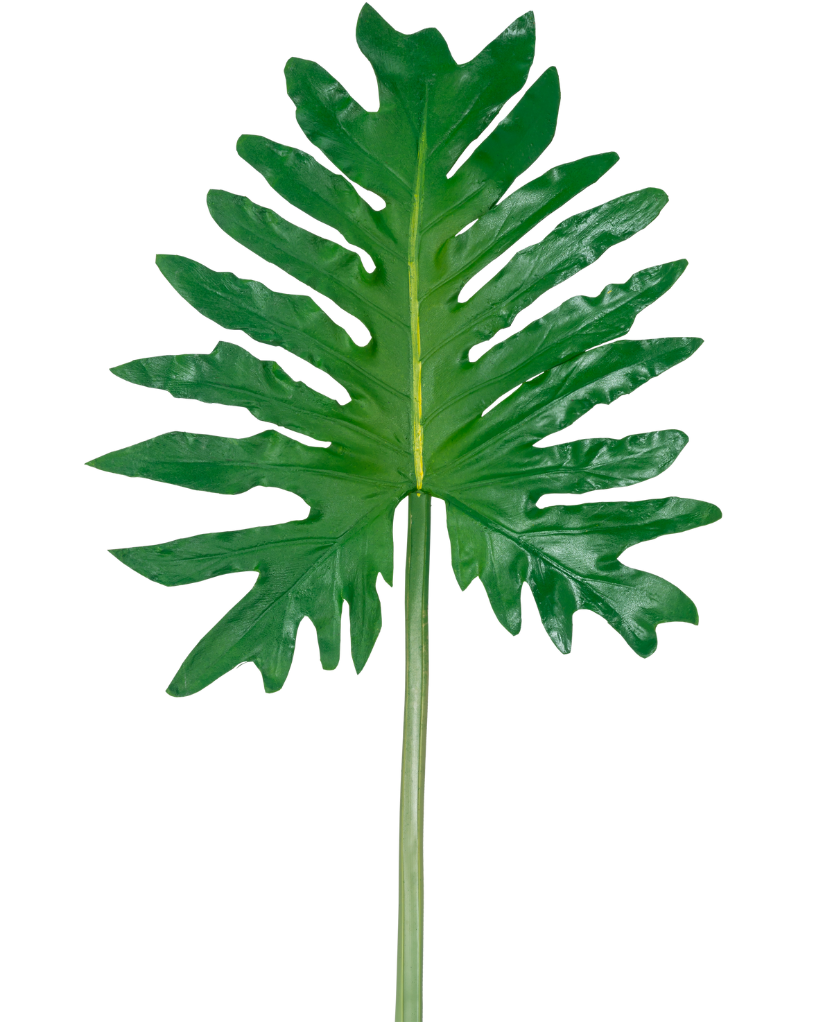 Vor einem schlichten weißen Hintergrund ist ein künstlicher Blattphilodendron (68 cm) mit einem großen grünen tropischen Blatt mit tiefen, unregelmäßigen Lappen und einem langen Mittelstiel abgebildet.