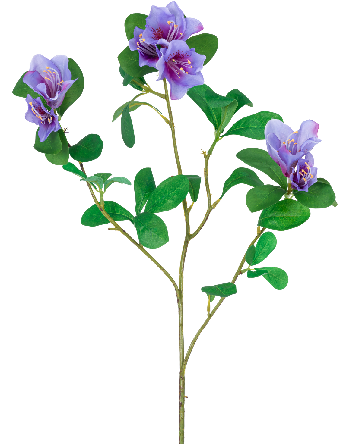 Die künstliche Blume Rhododendron Azalee 73 cm lila hat einen Stiel mit grünen Blättern und drei Bündel lila Blüten mit gelben und weißen Details, isoliert auf weißem Hintergrund.