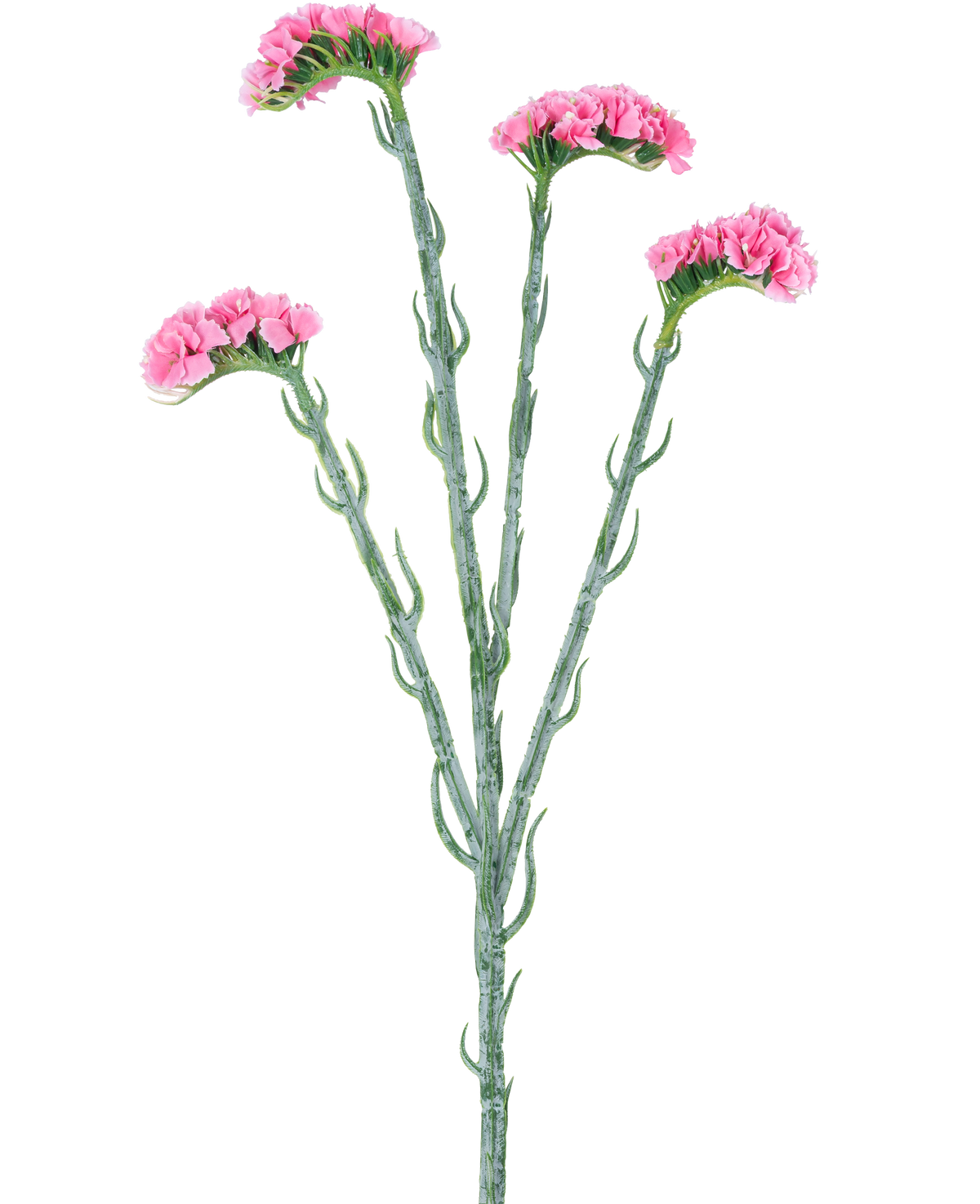 Der künstliche Zweig Statice 64 cm rosa hat drei grüne Stiele mit kleinen gekräuselten Blättern, die jeweils in Büscheln zartrosa Blüten enden, isoliert auf weißem Hintergrund.
