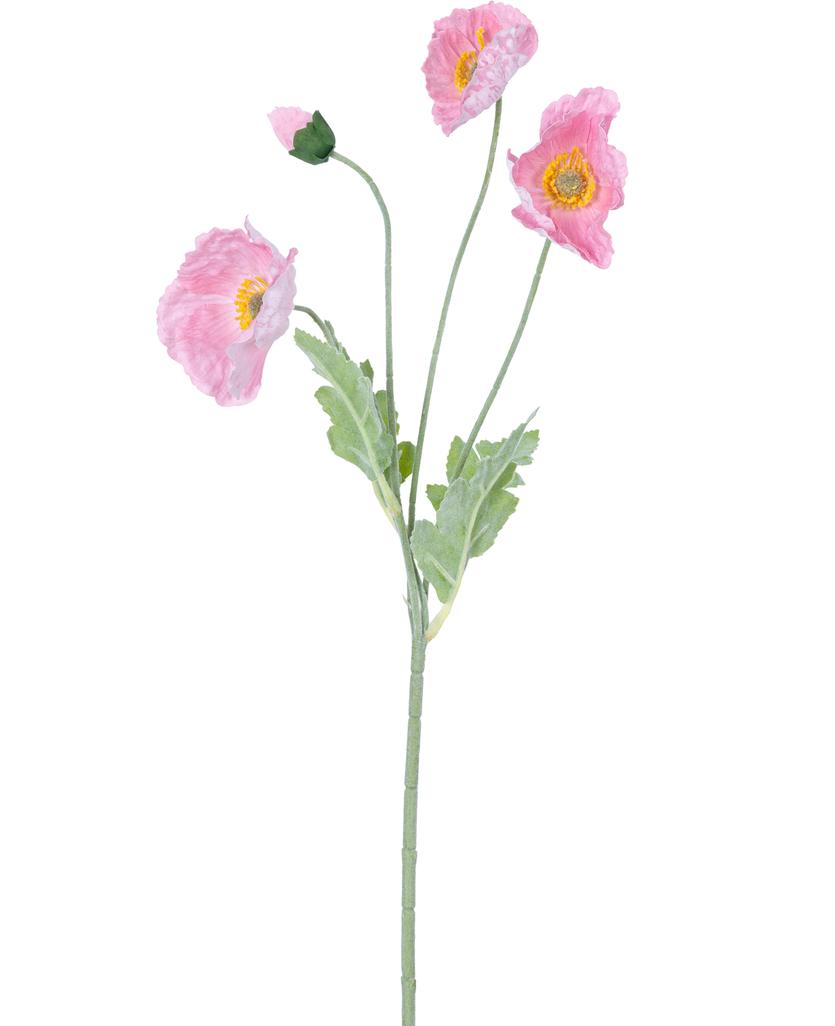 Künstliche Blume Mohn Real Touch Pink 60 cm: Eine lebensechte rosa Mohnblume mit drei offenen Blüten und einer geschlossenen Knospe an grünen Stielen und hellgrünen Blättern, dargestellt vor einem weißen Hintergrund.