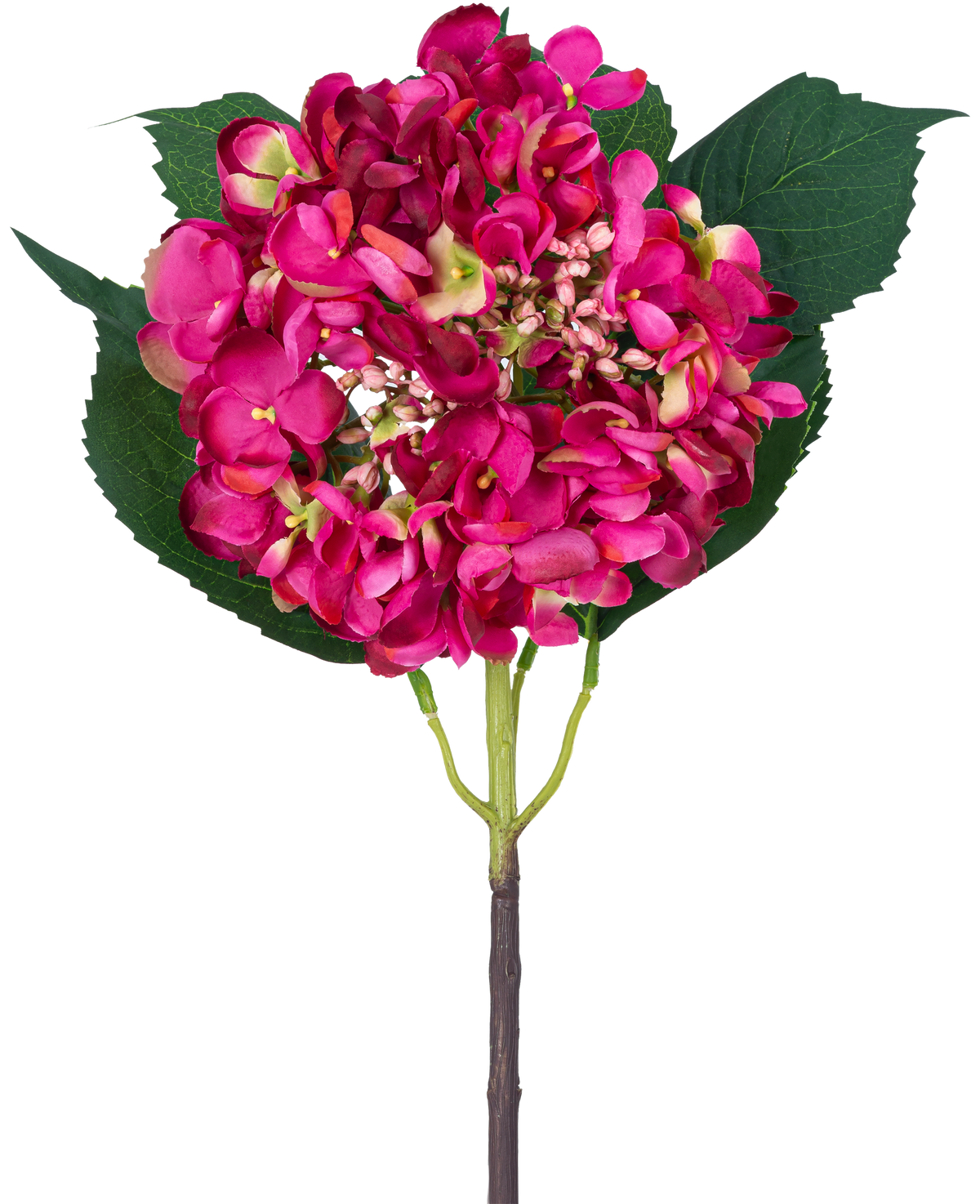 Eine einzelne künstliche Blumen-Gartenhortensie, 61 cm, rosafarbene Hortensienblüte und drei große grüne Blätter vor einem weißen Hintergrund.