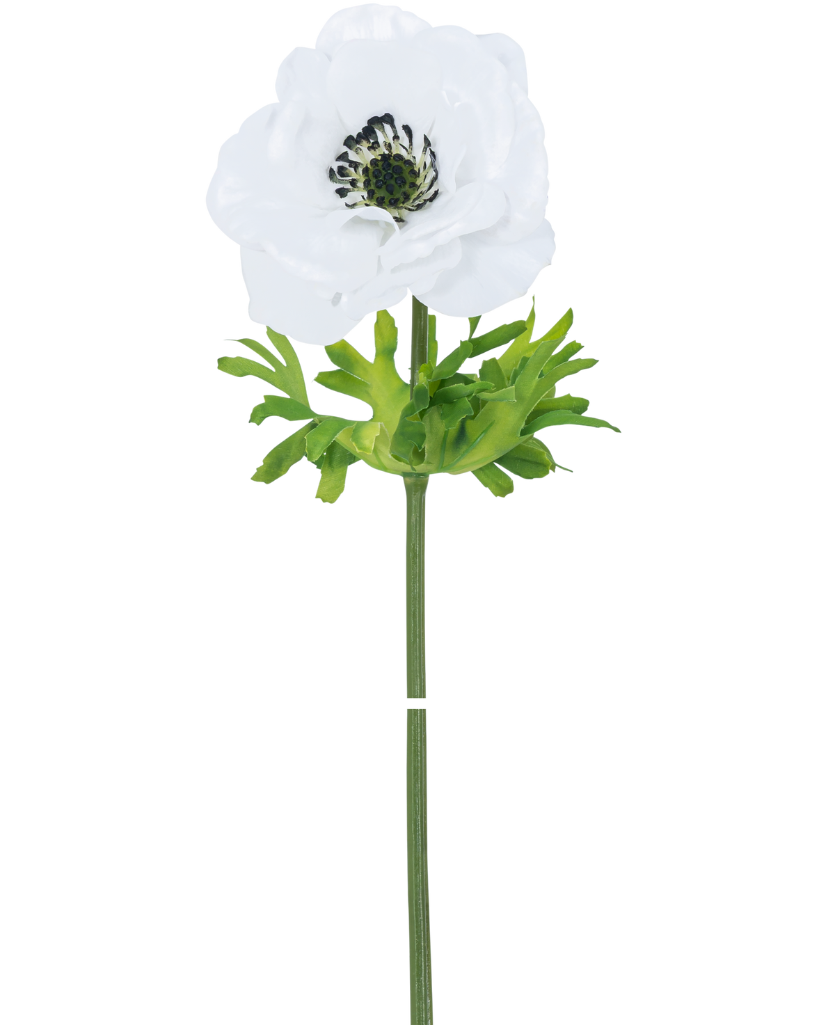 Die künstliche Blumenanemone Real Touch White 52 cm hat eine einzelne weiße Blüte mit zarten Blütenblättern, einem dunklen Herzen und grünen Blättern an einem langen, geraden Stiel vor einem schlichten weißen Hintergrund.